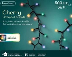 500 multicolor LED Christmas lights, int./ext., black wire, 36′