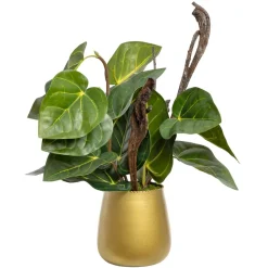 Artificial anthurium in a gold pot, 15 x 11"