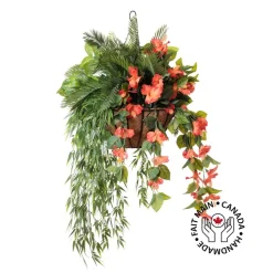 Artificial cycas and orange hibiscus hanging arrangement, 36 x 22"