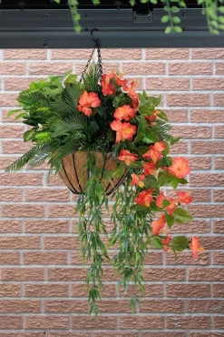 Artificial cycas and orange hibiscus hanging arrangement, 36 x 22"