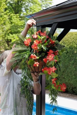 Artificial cycas and orange hibiscus hanging arrangement, 36 x 22