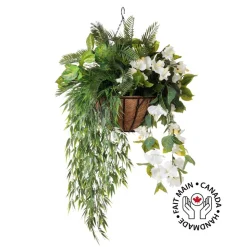 Artificial cycas and white hibiscus hanging arrangement, 36 x 22"