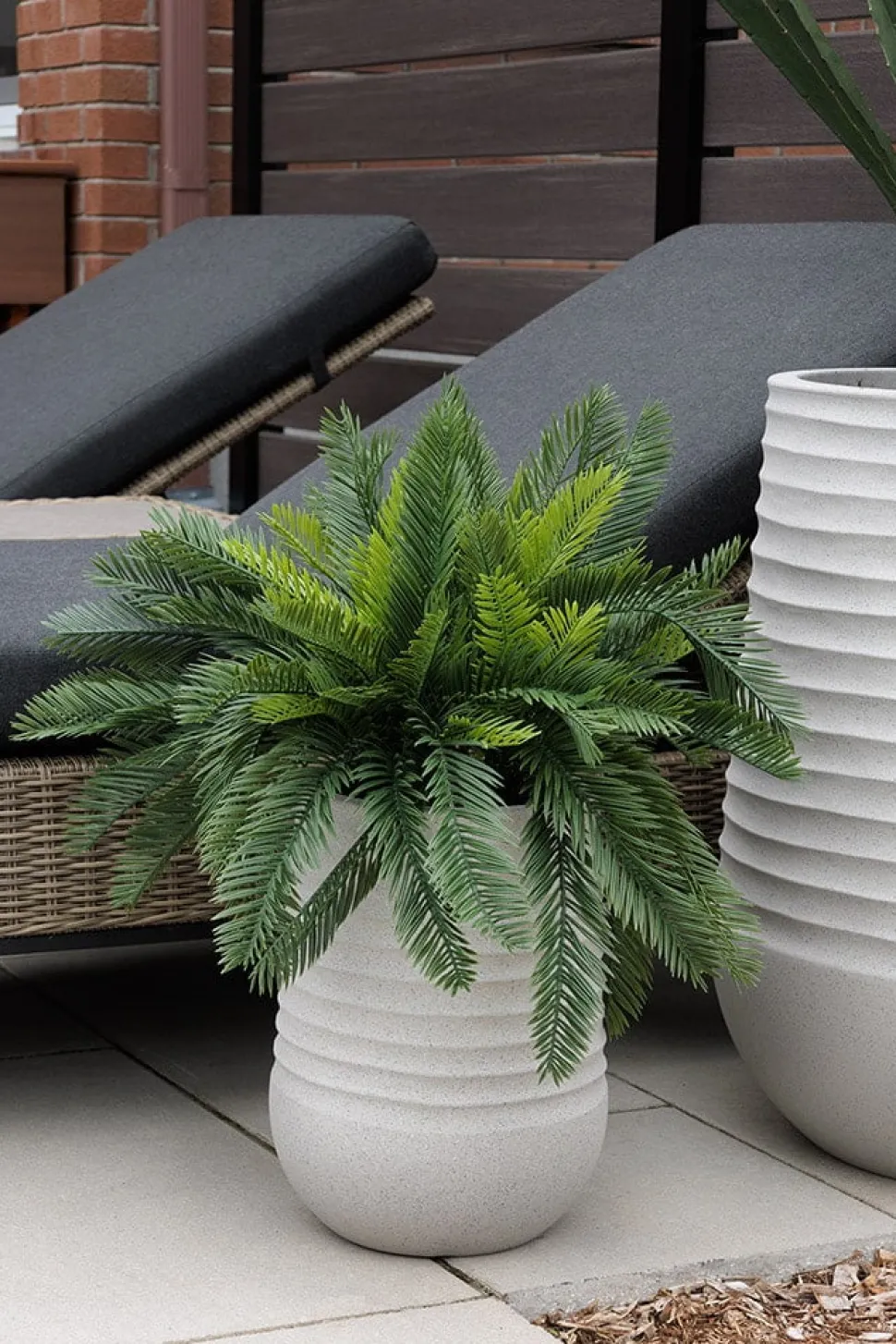 Artificial cycas arrangement in a grey terrazzo beige pot, 26 x 20"