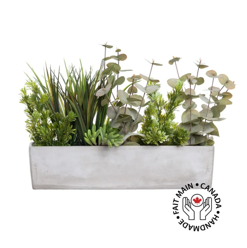 Artificial eucalyptus and grass centerpiece, 12 x 21"
