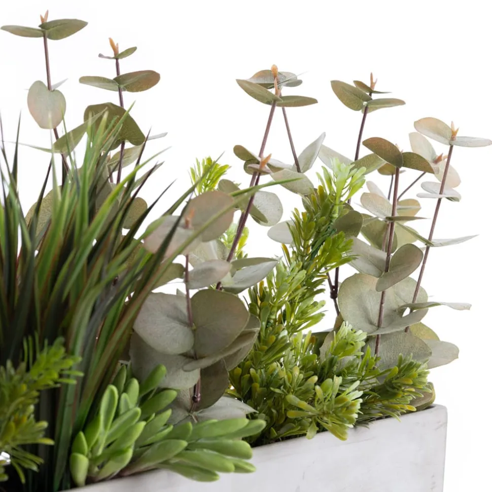 Artificial eucalyptus and grass centerpiece, 12 x 21"