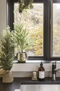 Artificial gray green potted spruce, 22″