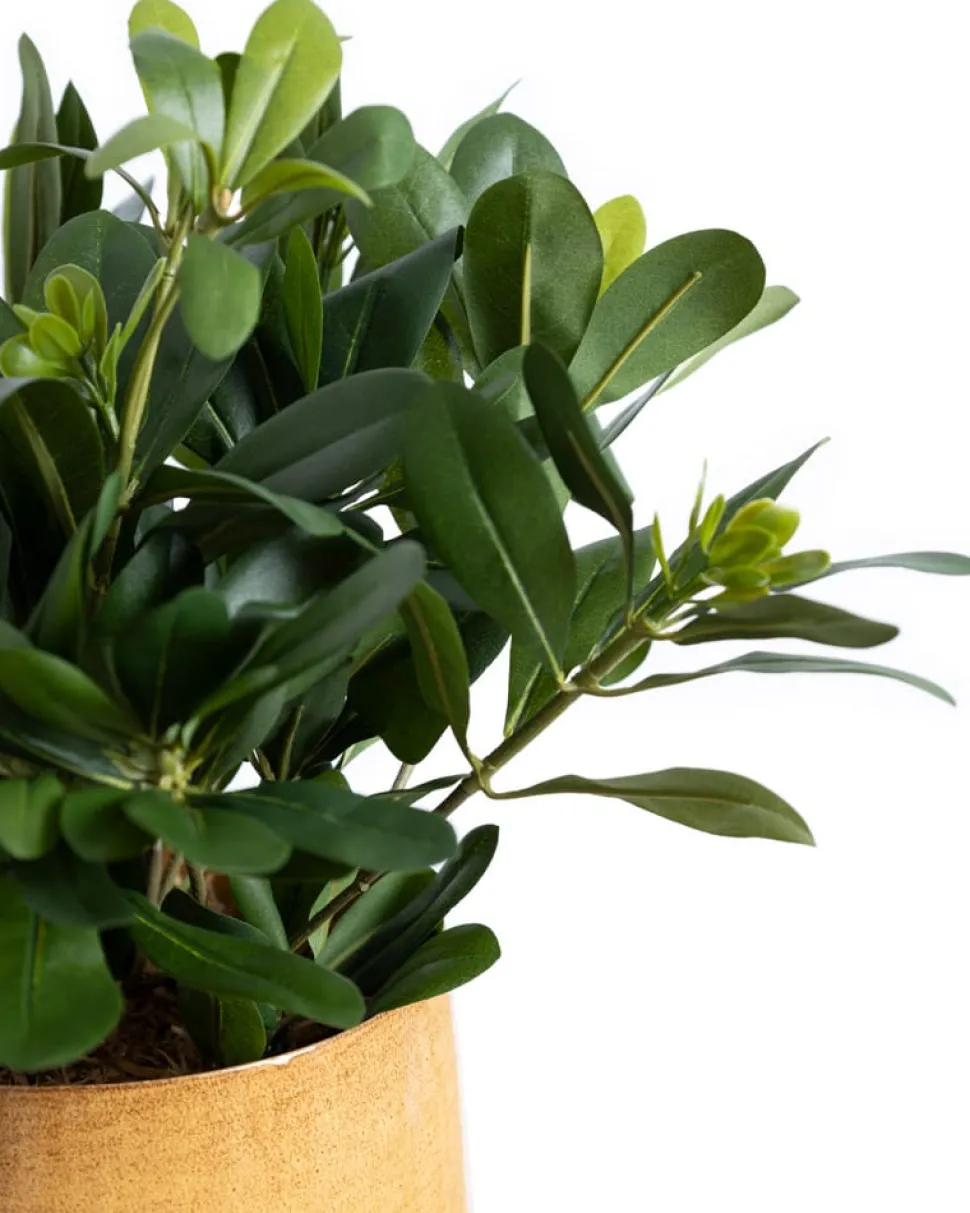 Artificial greenery in a yellow amber pot