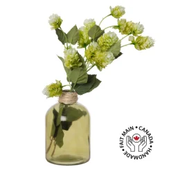 Artificial hop flowers in a glass vase