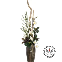 Artificial magnolia and driftwood floor arrangement