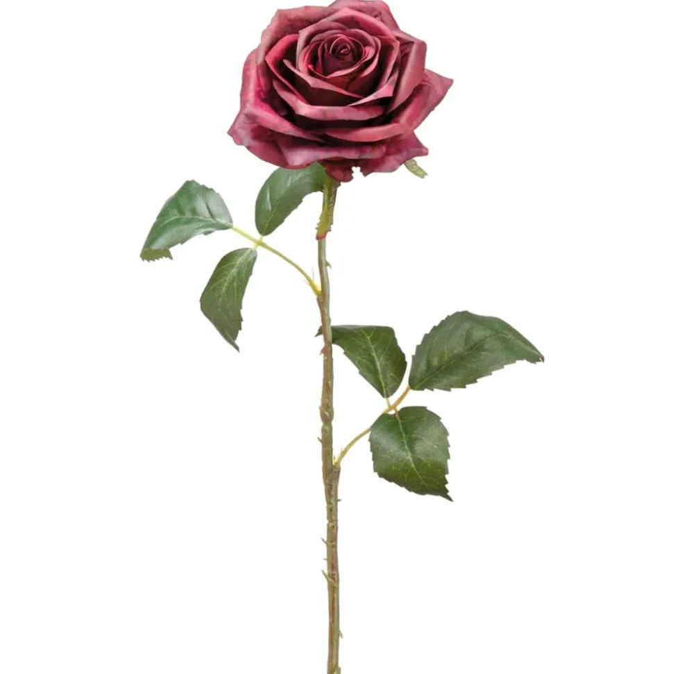 Artificial open burgundy rose flower, 21,5"