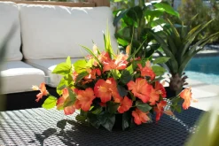 Artificial orange hibiscus outdoor centerpiece, 14 x 20″