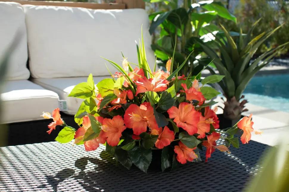 Artificial orange hibiscus outdoor centerpiece, 14 x 20″