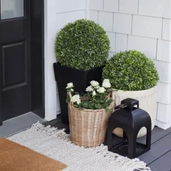Artificial outdoor potted boxwood ball topiary, 33"
