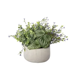 Artificial peperomia and purple outdoor flower centerpiece, 13 x 14"