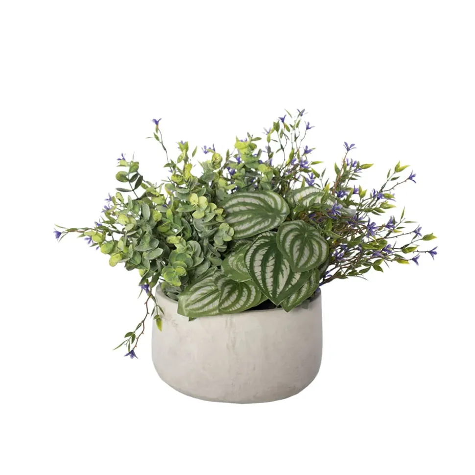 Artificial peperomia and purple outdoor flower centerpiece, 13 x 14"