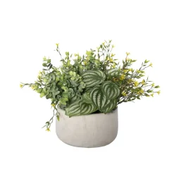 Artificial peperomia and yellow flower outdoor centerpiece, 13 x 13"