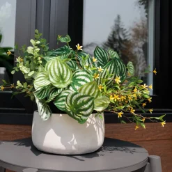Artificial peperomia and yellow flower outdoor centerpiece, 13 x 13"