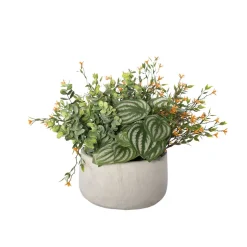 Artificial peperomia and orange outdoor flower centerpiece, 13 x 14"