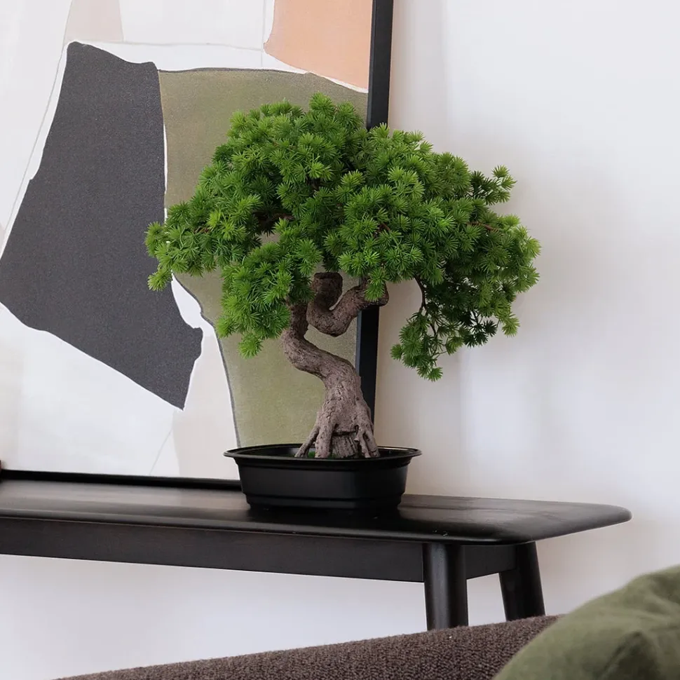 Artificial pine bonsai tree in black pot, 16 x 15”