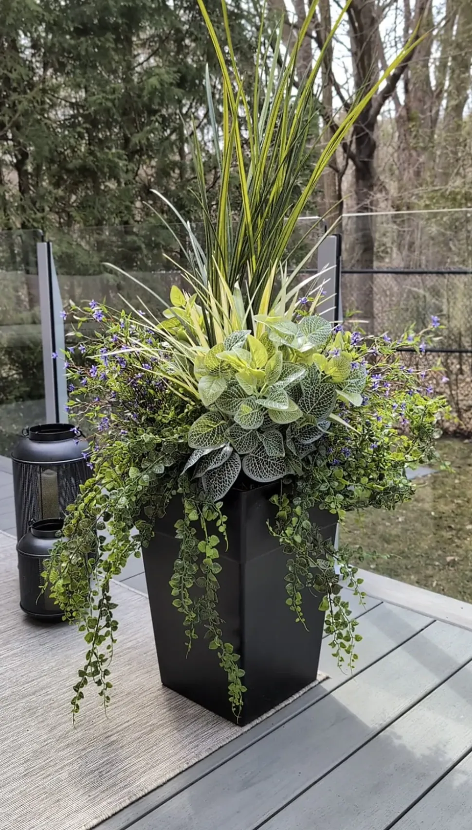 Artificial plant and purple flower outdoor planter, 55″