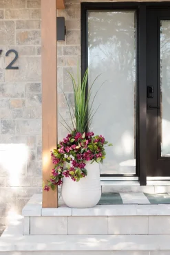 Artificial purple bougainvillea in a grey terrazzo beige pot, 55"