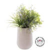 Artificial purple flower arrangement in a grey terrazzo beige pot, 26 x 12"