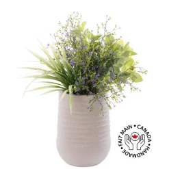 Artificial purple flower arrangement in a grey terrazzo beige pot, 26 x 12"