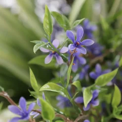 Artificial purple flower arrangement in a grey terrazzo beige pot, 26 x 12