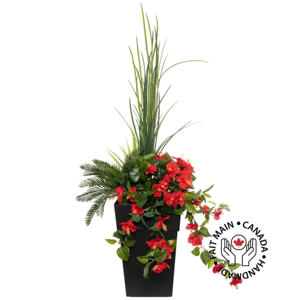 Artificial red hibiscus flowers and grass outdoor planter, 46″