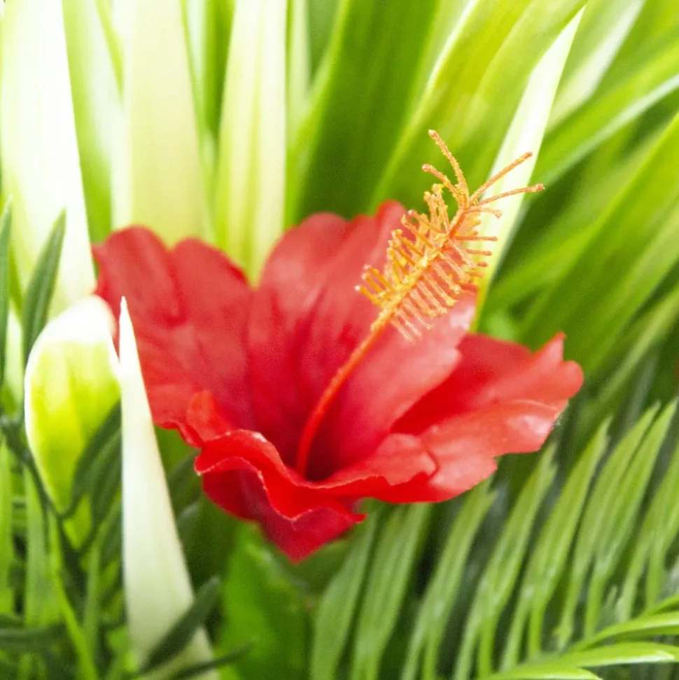 Artificial red hibiscus flowers and grass outdoor planter, 46″