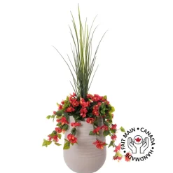 Artificial red hibiscus in a grey terrazzo beige pot, 55"