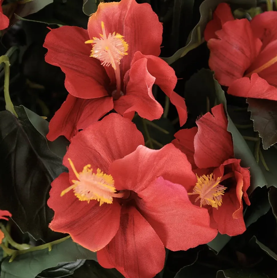 Artificial red hibiscus in a grey terrazzo beige pot, 55"