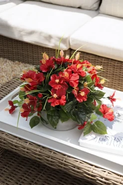 Artificial red hibiscus outdoor centerpiece, 14 x 20″