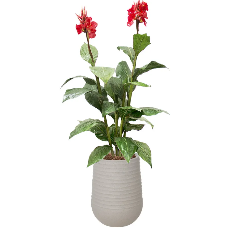 Artificial red outdoor canna in a grey terrazzo beige pot, 62"