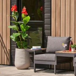 Artificial red outdoor canna in a grey terrazzo beige pot, 62