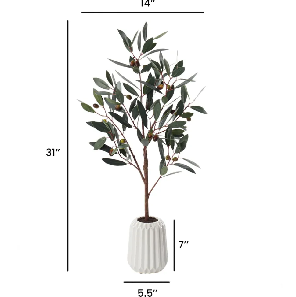 Artificial small olive tree in white pot, 31″