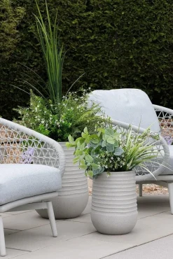 Artificial white flower arrangement in a grey terrazzo beige pot, 28"
