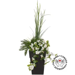 Artificial white hibiscus flowers and grass outdoor planter, 55″