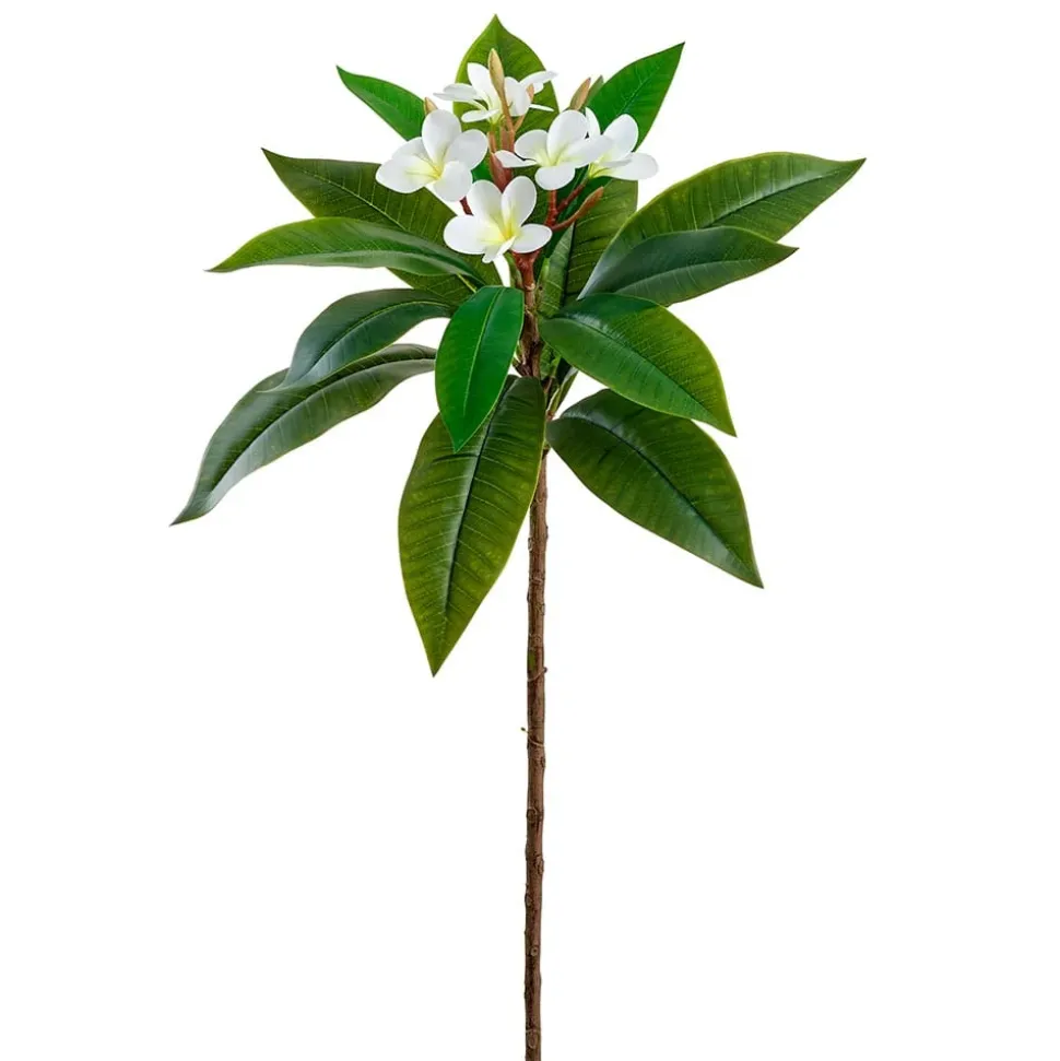 Artificial white plumeria flower branch, 34"