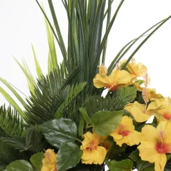 Artificial yellow hibiscus flowers and grass outdoor planter, 55″