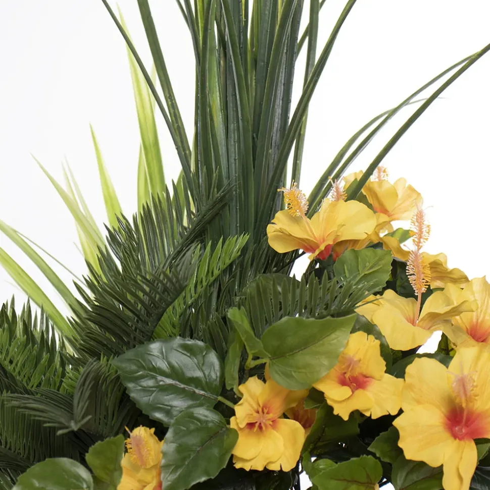 Artificial yellow hibiscus flowers and grass outdoor planter, 55″
