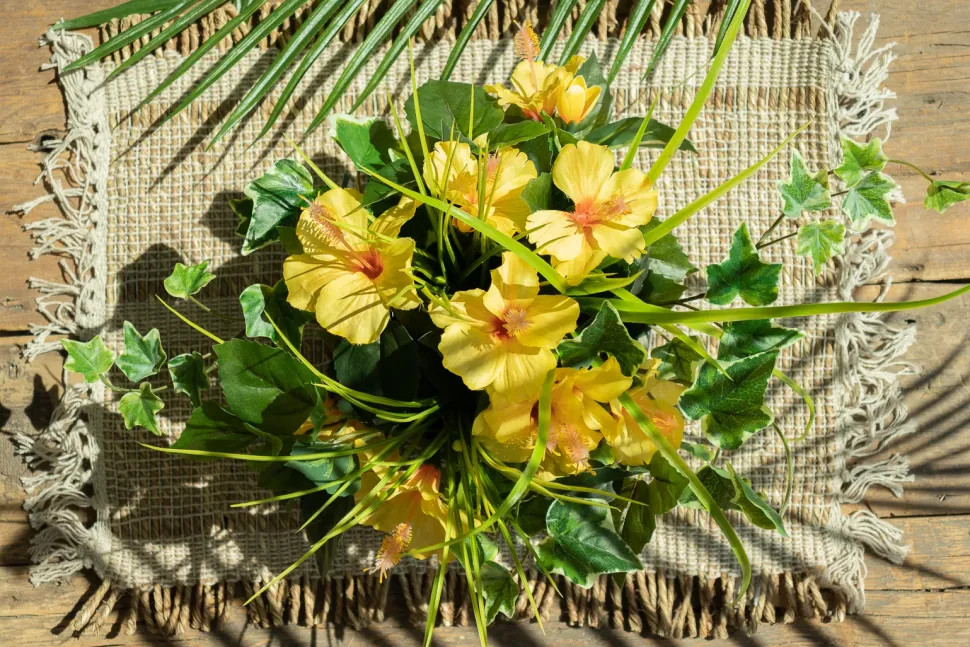 Artificial yellow hibiscus outdoor centerpiece, 14 x 20″