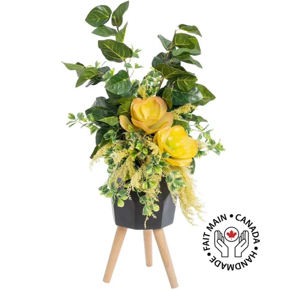 Artificial yellow succulent arrangement in standing planter