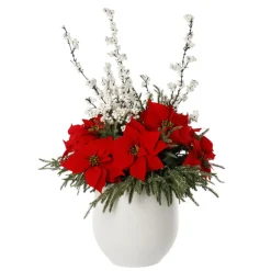 Berry, pine and poinsettia arrangement, 30 x 16″