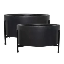 Black metal saucer planter on stand