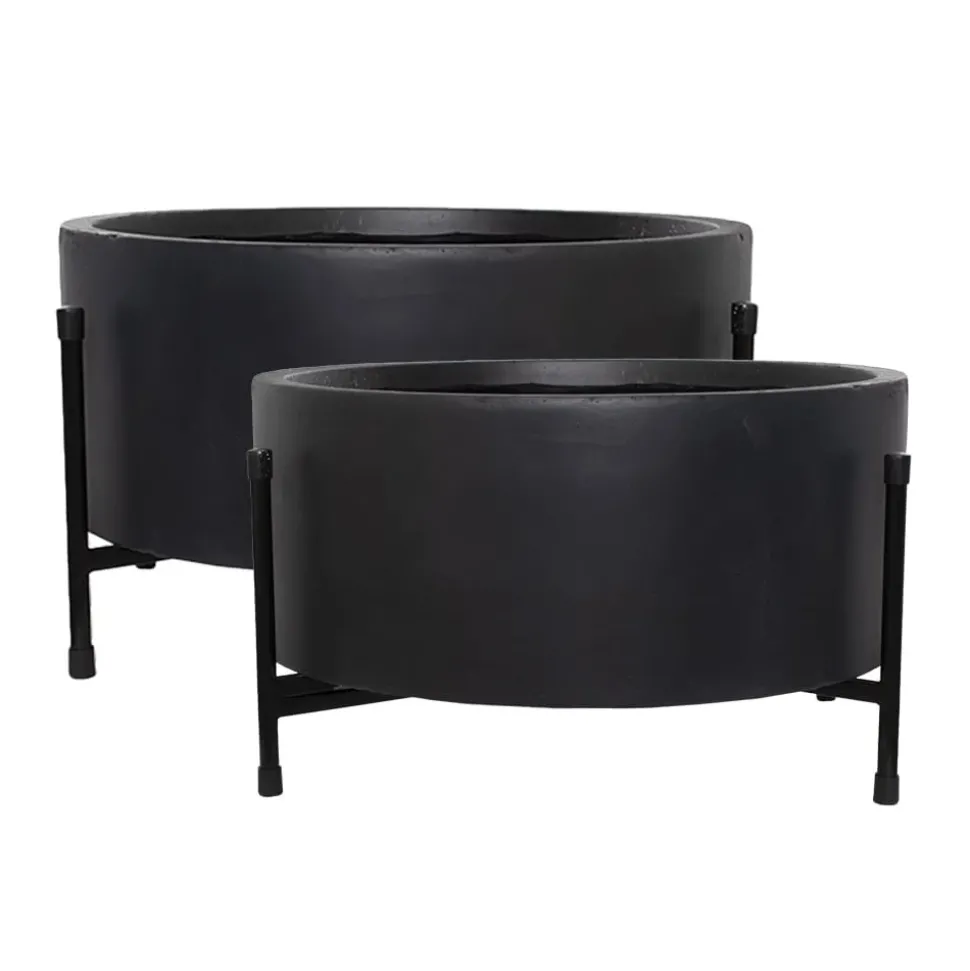 Black metal saucer planter on stand