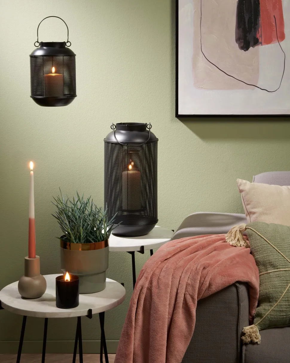 Black openwork metal tabletop lantern, 9 x 6"