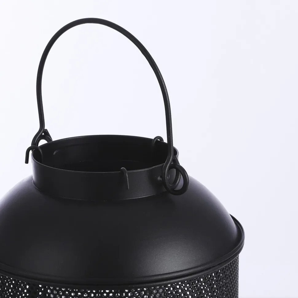 Black openwork metal tabletop lantern, 9 x 6"