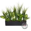 Black rectangular pot of faux green grasses and plants, 20 x 26"
