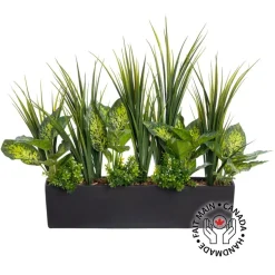Black rectangular pot of faux green grasses and plants, 20 x 26"